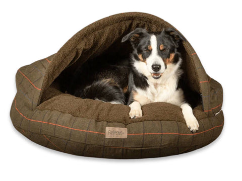 Green Tweed Luxury Dog Cave Bed With Removable Firm Hood