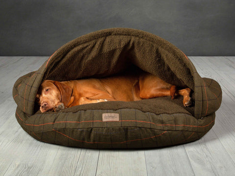 Green Tweed Luxury Dog Cave Bed With Removable Firm Hood