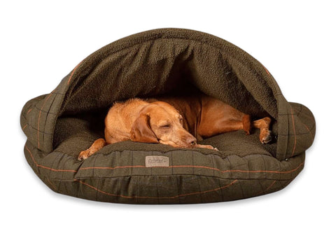 Green Tweed Luxury Dog Cave Bed With Removable Firm Hood
